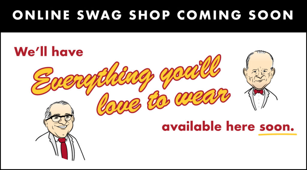 banner image that read "online swag shop coming soon" with illustrations of Max and Louie on it